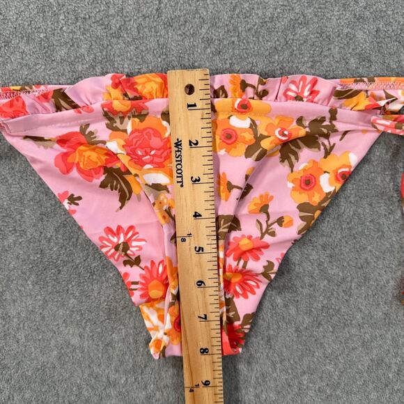 Aerie Floral Ruffle Beaded Tie Bikini Cheeky Bottoms Size Small Pink Orange New - Picture 4 of 10